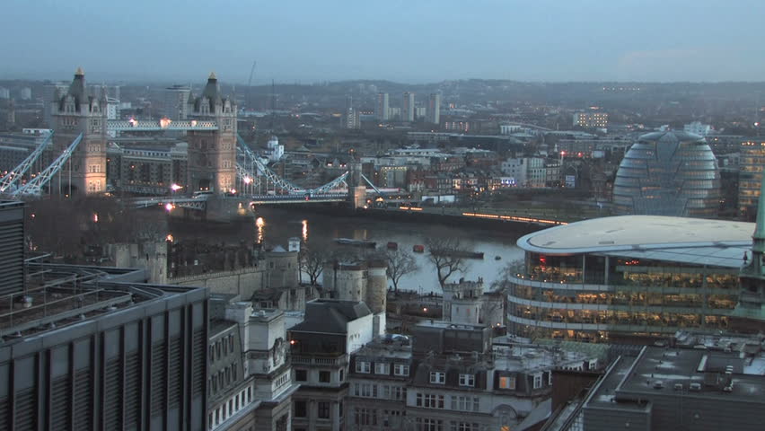 London. Elevated view from the city including Tower Bridge, River Thames, Tower