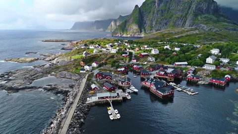 Fishing village of reine in the Norway from the sky,2017.