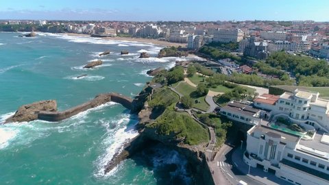 Aerial footage from Biarritz a famous surf city in France at the Atlantic ocean. Shot in 4k quality.