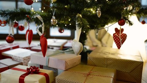 Various Christmas presents under the illuminated Christmas tree.