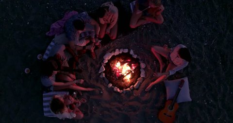 Birds eye view of friends with guitar at beach party roasting marshmallows above bonfire