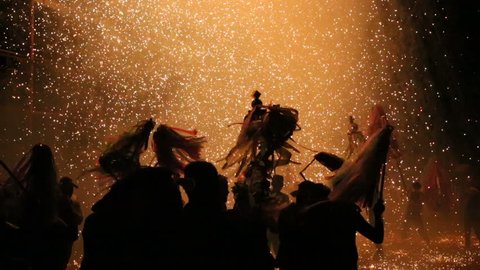 Annual festival in the Omiya Isuzu Shrine in Komagane city, Japan. Dedication of pipe fireworks called Large Mikuni is carried out in September. With sound.