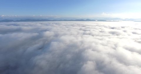 Aerial view over the beautiful clouds. Aerial camera shot. Sunrise. Landscape at Thailand