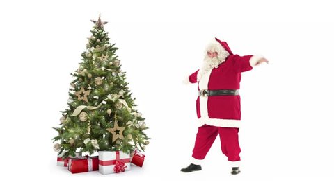 Lights decorated xmas tree with gift boxes and Santa Claus happy dancing on white background with text space to place logo or copy.Animated Christmas present greeting post card video