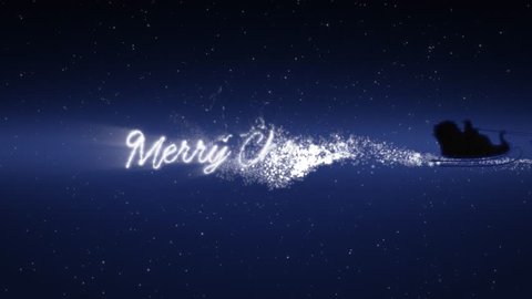 Blue xmas night with stars, Santa Claus sleight and reindeer silhouette flying showing merry christmas message with text space to place logo type or copy.Animated present greeting post card 4k video