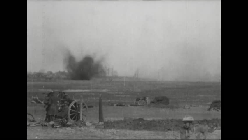 CIRCA 1918 - German artillery units shell British batteries and positions in Monchy, France, during World War 1.