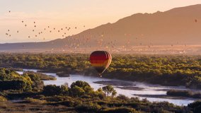 Albuquerque International Balloon Fiesta, Mass Ascension and Rio Grande at Golden Hour Sunrise Timelapse