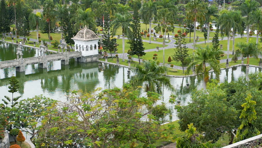 Beautiful design of the garden of the Taman Ujung water palace, Bali, Indonesia. Top view.