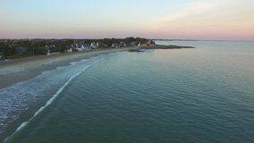Flying over the beach of Ty Bihan. One of the five beaches of Carnac, Morbihan, Bretagne, France. Carnac is well-known for its famous rows of standing stones.