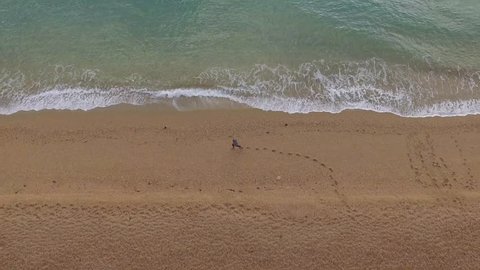 Aerial View of Person Walking on Sandy Beach, Leaving Footprints in Sand, Blue Ocean Waves, Drone Footage