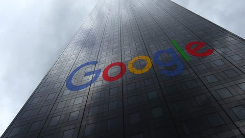 Google logo on a skyscraper facade reflecting clouds, time lapse. Editorial 3D rendering