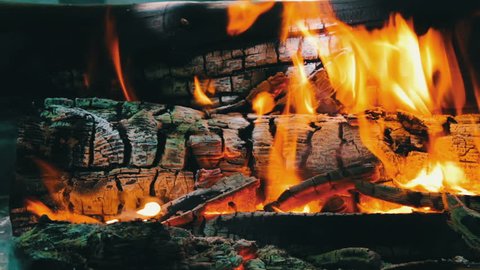 Close up view of a huge burning firewood or logs lie on the green and burn in the flames of fire in the open air