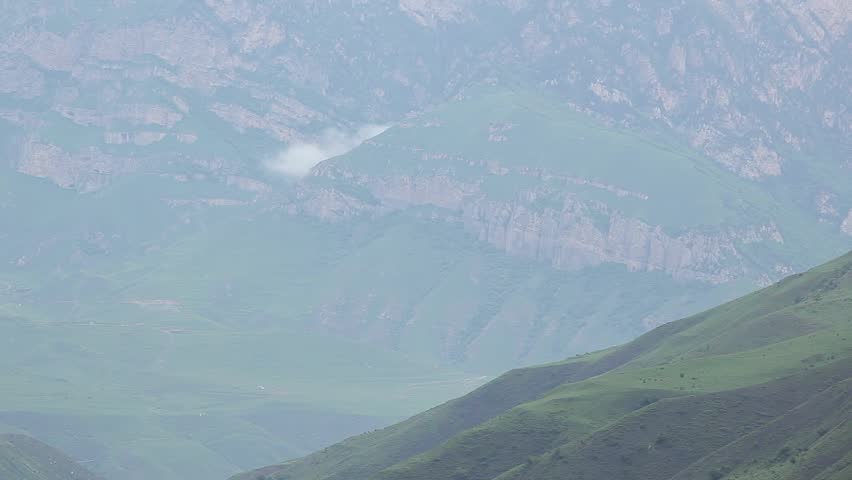 Russia North Caucasus. Ingushetia. Foggy mountain landscape near Armhi setellment. 