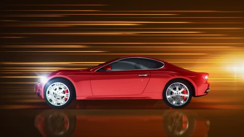 Animation of fast ride red glossy car on colorful background with fast flying lines of light. Animation of seamless loop.