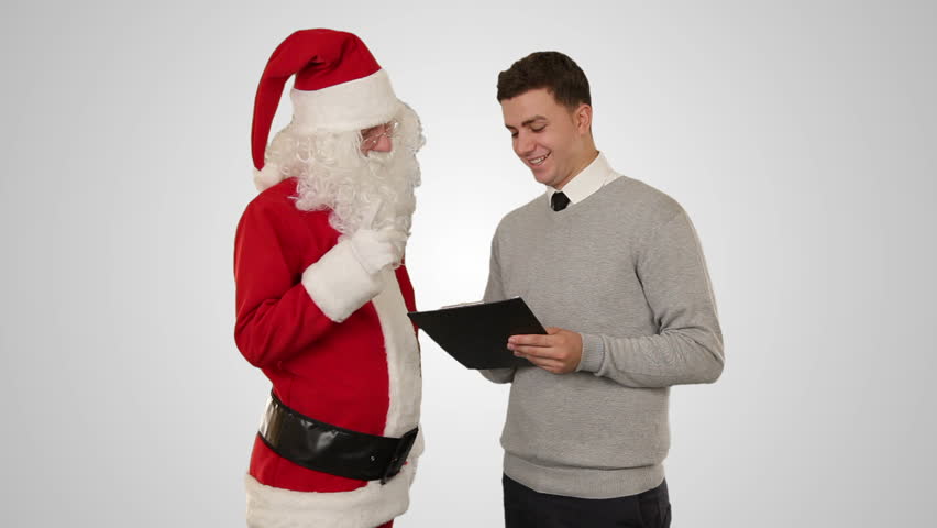 Santa Claus and Young Businessman against white