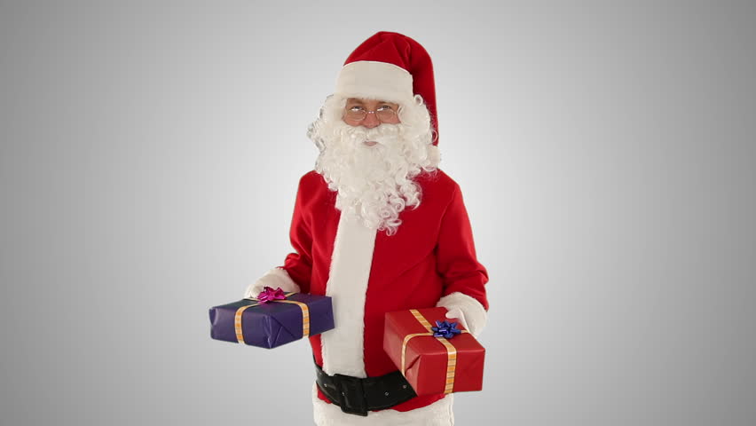 Santa Claus weighting presents, against white