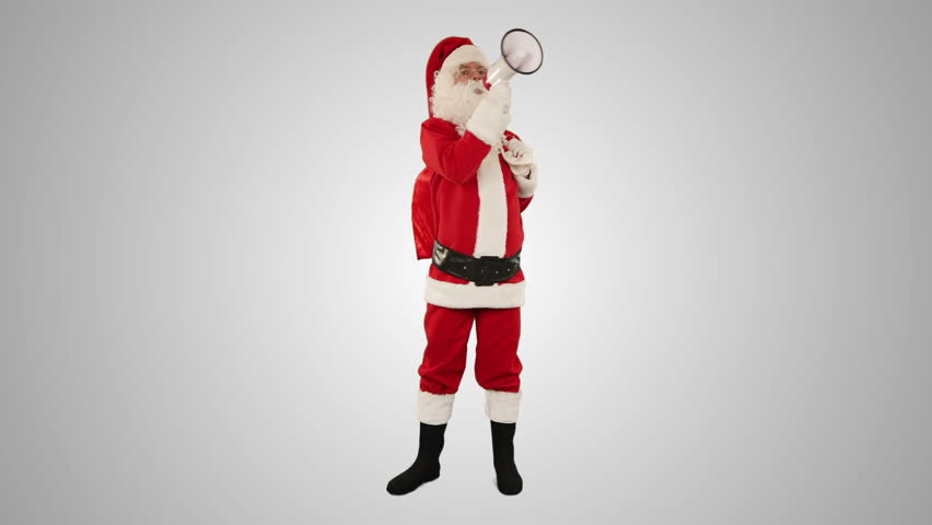 Santa Claus with a loudspeaker making an announcement, front view, against white