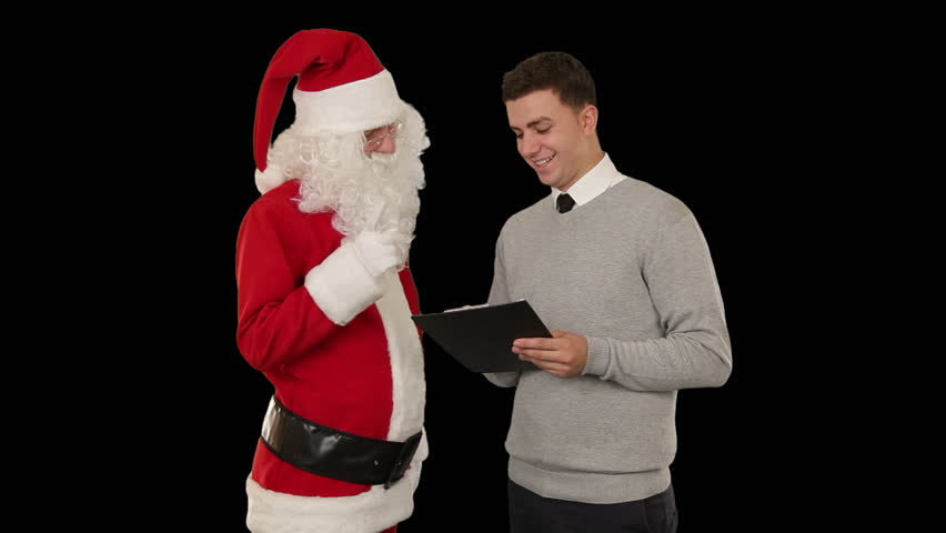 Santa Claus and Young Businessman against black
