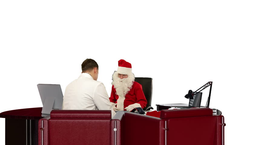 Santa Claus at Doctor, measuring blood pressure, against white