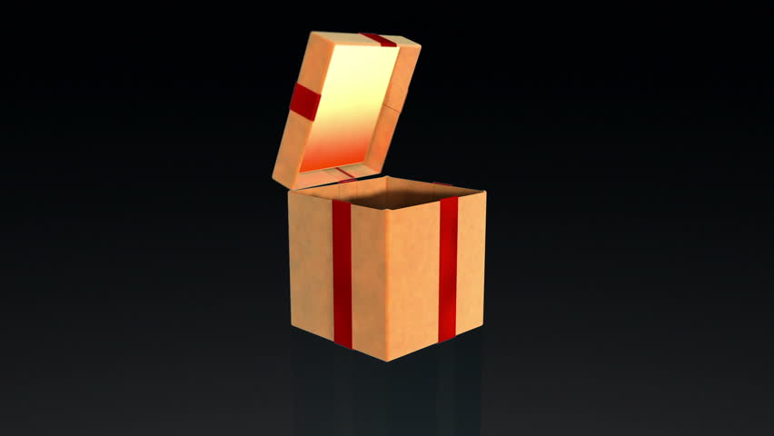 Gift box opening lid to present a virtual product, on black with Alpha Matte