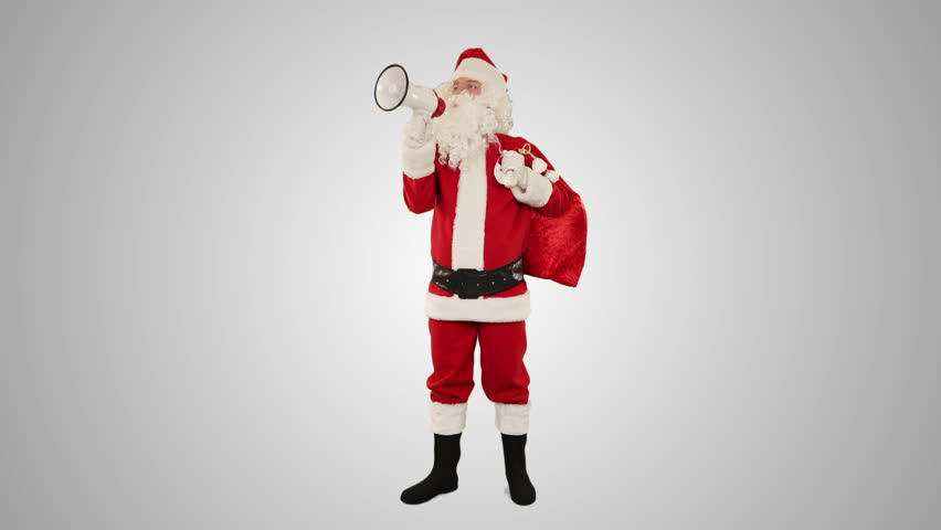 Santa Claus with a loudspeaker making an announcement, against white