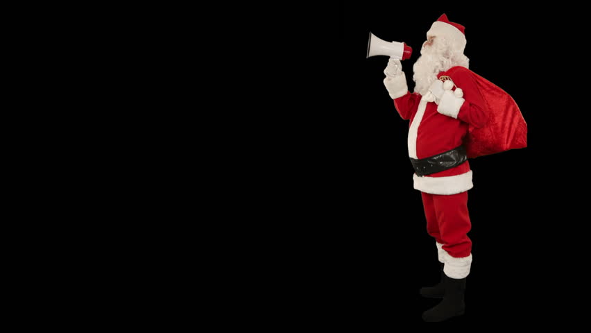Santa Claus with a loudspeaker making an announcement, side view, against black