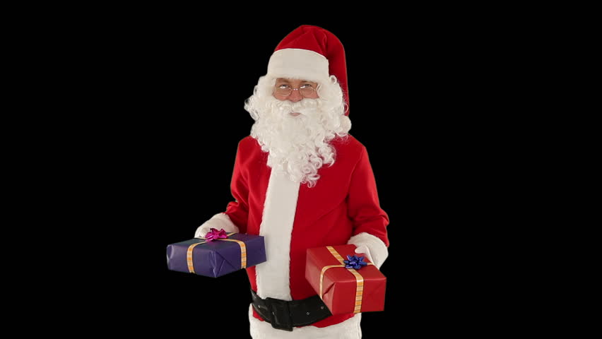 Santa Claus weighting presents, against black