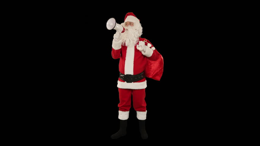 Santa Claus with a loudspeaker making an announcement, against black