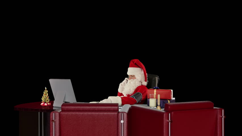 Santa Claus checking blood pressure and talking on mobile to his doctor, against