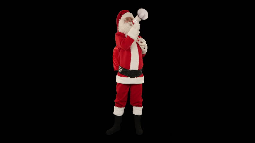 Santa Claus with a loudspeaker making an announcement, front view, against black