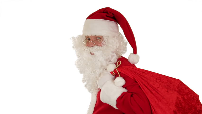 Santa Claus carrying his bag, looks at the camera and winks, white