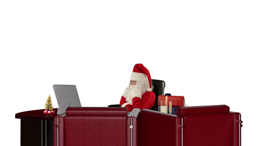 Santa Claus having a migraine is checking blood pressure, against white