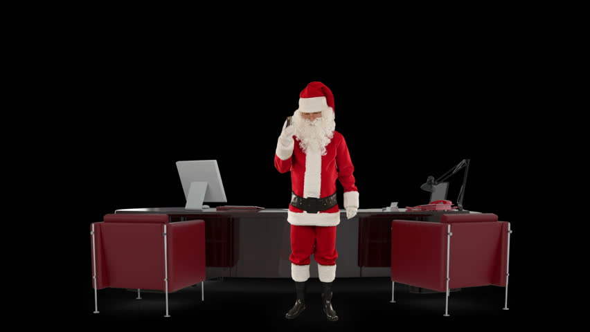 Santa Claus talking on mobile in his modern Christmas Office, against black