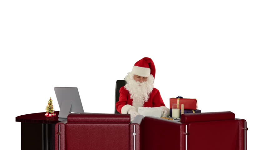 Santa Claus reading letters, against white