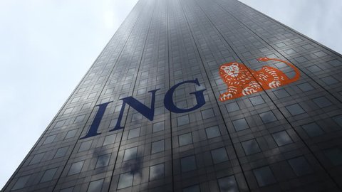 ING Group logo on a skyscraper facade reflecting clouds, time lapse. Editorial 3D rendering