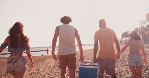 Young multi-ethnic hipster friends preparing for summer picnic party carrying cooler box on the beach
