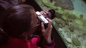 Girl takes pictures of a colorful underwater world stock footage video