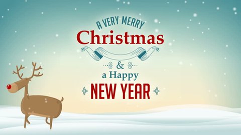 Cartoon Cute Vector Deer with Santa in the sky on Snowy Blue Winter background with Greeting A Very Merry Christmas and Happy New Year text label card Animation 4K