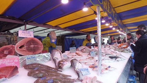 PARIS, FRANCE - circa MAY, 2017: Fresh fish on sale, Sunday market, La Bastille, Paris, France