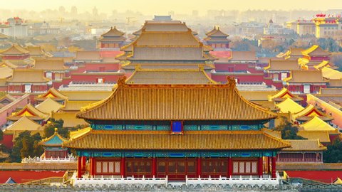 4K Zoom in Time-Lapse: China Beijing, Aerial View of Forbidden City at Sunrise.