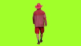Back view of a man in red jacket, shorts and pink cowboy hat walks on green screen background, Chroma key, 4k pre-keyed footage - Powered by Shutterstock - Get 15% off with code: PIKWIZARD15