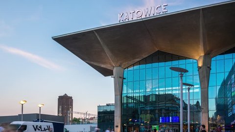 Katowice. Poland 23 July 2017. Timelapse views of Katowice. Railway station. A lot of people are in the modern railway station complex!