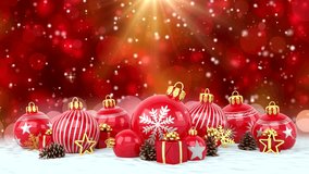 3d animation of many red christmas baubles and christmas decorations over red bokeh background - merry christmas concept