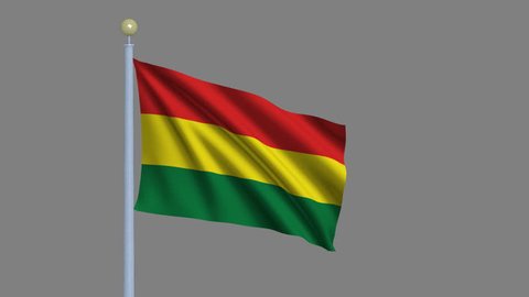 Flag of Bolivia waving in the wind with flagpole - very highly detailed and realistic waving flag with alpha matte for easy isolation