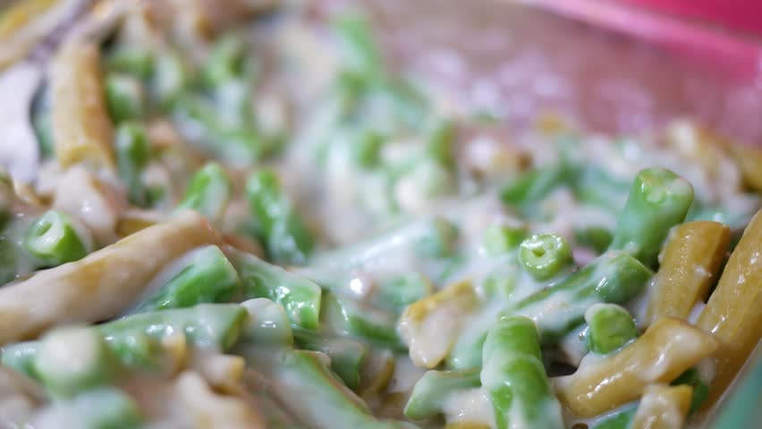 French Fried Onions sprinkled on green bean casserole recipe in cafe
