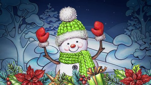 watercolor dancing cartoon snowman, Christmas greeting card, winter landscape, Happy New Year, festive garland and ornaments