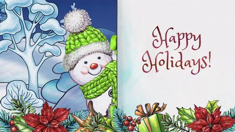 watercolor animated cartoon snowman, Happy Holidays greeting card, winter landscape, festive garland and ornaments, handwritten text