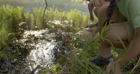 Girl examines a beaker of water from a brackish pond during an outdoor class at summer camp. Hand-held real time with other children visible 4K.: film stockowy