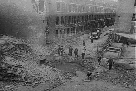 CIRCA 1940s - The ruins of London, including a hospital and a church, are shown in the aftermath of a Nazi air raid, during World War 2, in 1940.
