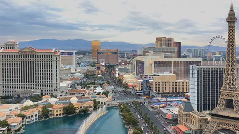 LAS VEGAS, NEVADA - JULY 25, 2017: Aerial view of Las Vegas strip on July 25, 2017 in Las Vegas, Nevada. Caesars Palace, the Bellagio and Paris Hotel and casino. 